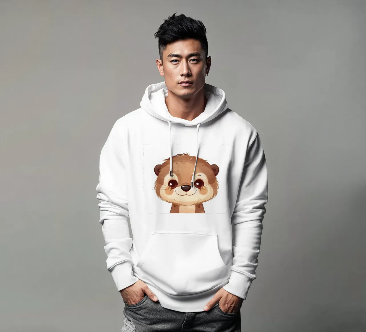 Simpatico personaggio di lontra dei cartoni animati in piedi con un sorriso amichevole felpa con cappuccio da DesignDoodle