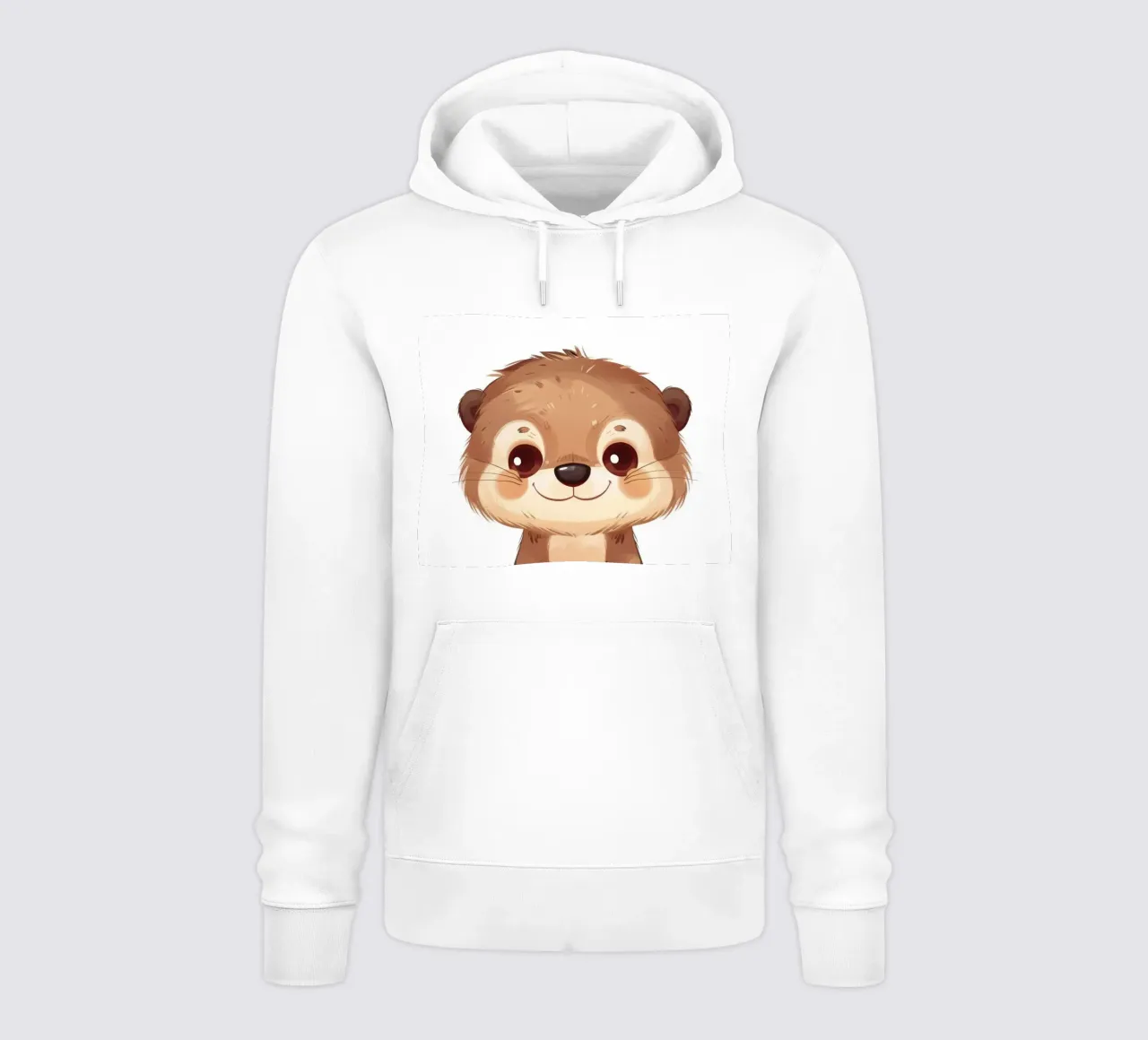 Simpatico personaggio di lontra dei cartoni animati in piedi con un sorriso amichevole felpa con cappuccio da DesignDoodle