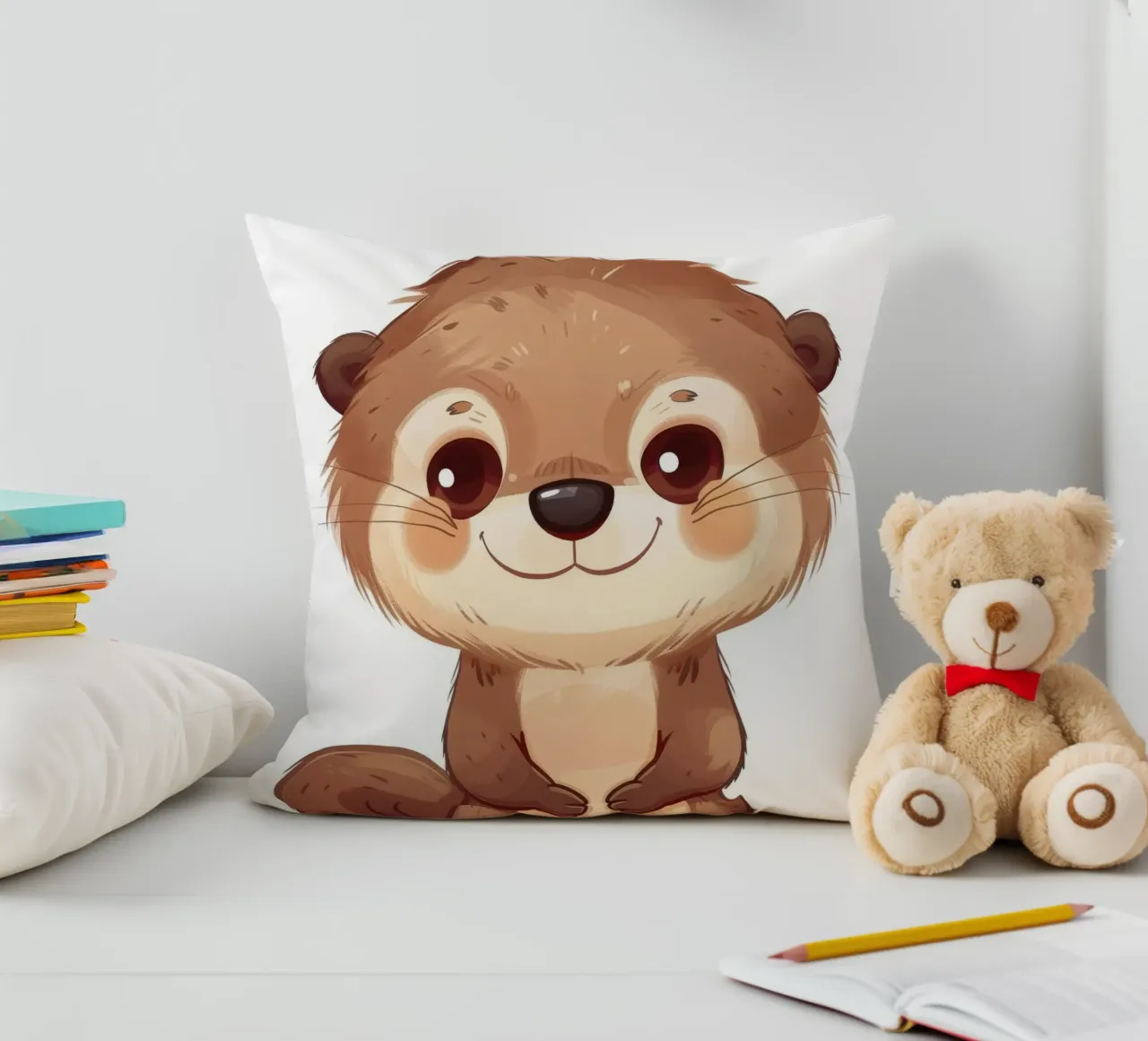 Simpatico personaggio di lontra dei cartoni animati in piedi con un sorriso amichevole cuscino da DesignDoodle