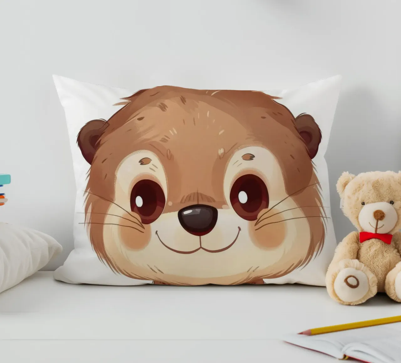 Simpatico personaggio di lontra dei cartoni animati in piedi con un sorriso amichevole cuscino da DesignDoodle