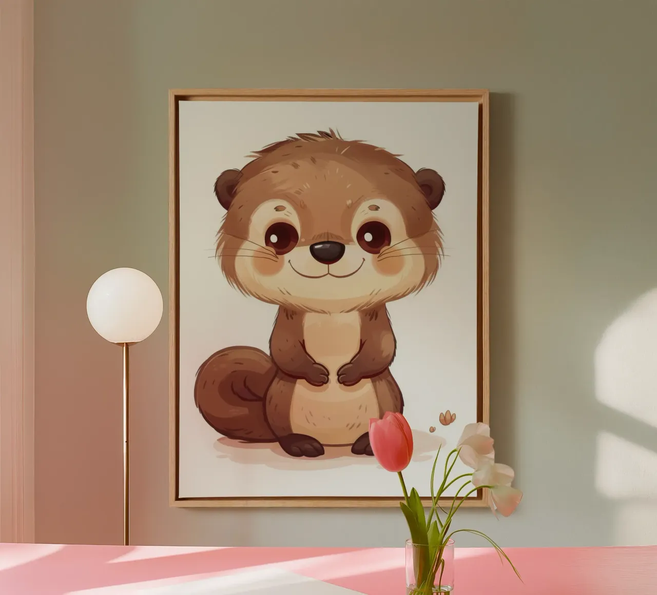 Cute cartoon otter character standing with a friendly smile canvas with Floater frame by DesignDoodle