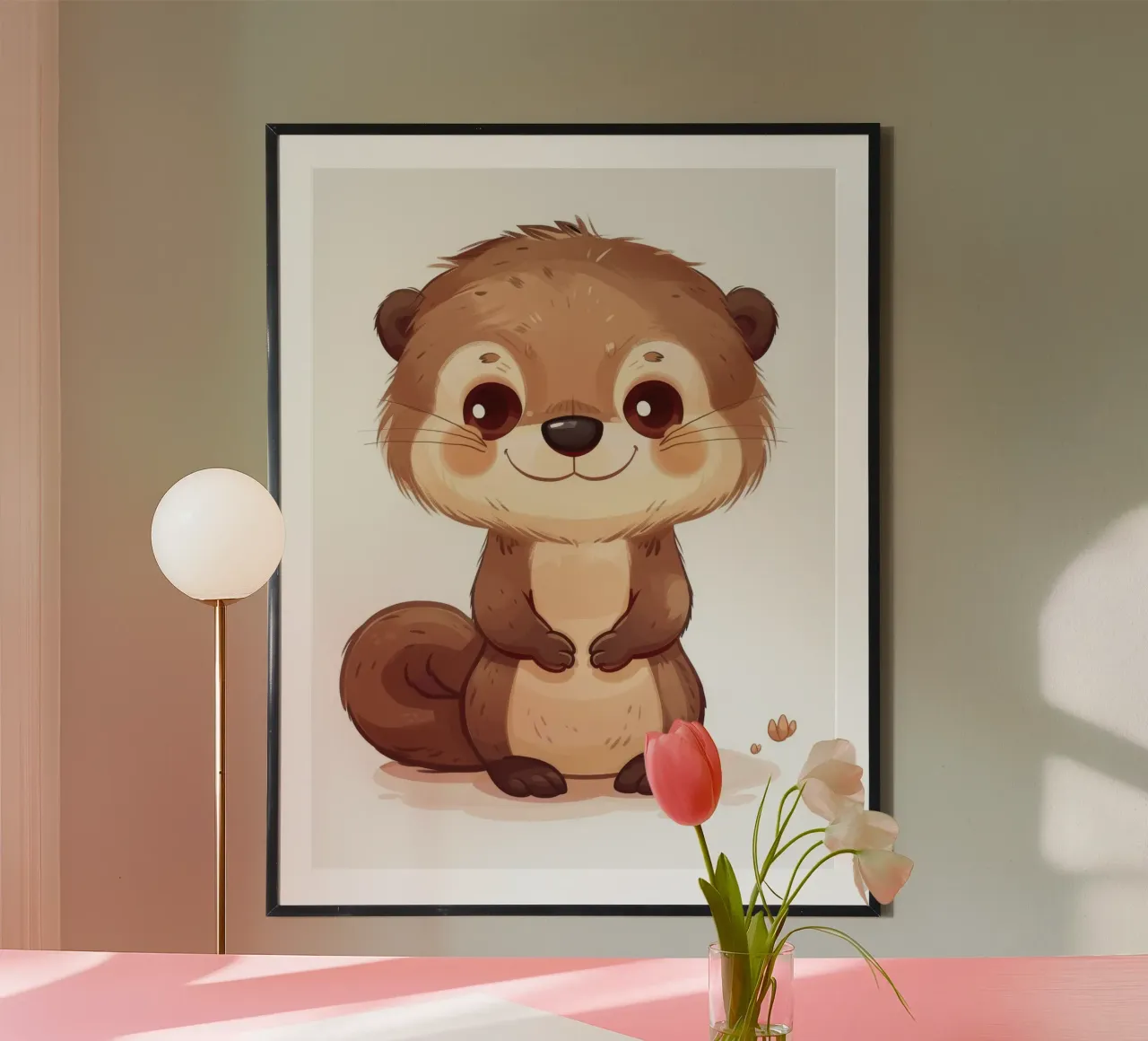 Simpatico personaggio di lontra dei cartoni animati in piedi con un sorriso amichevole poster con telaio in alluminio da DesignDoodle