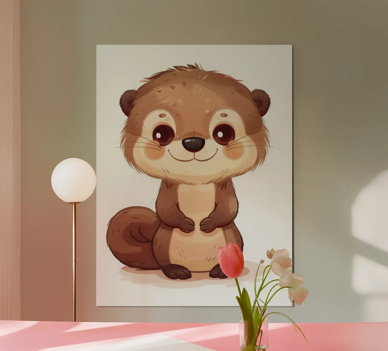Simpatico personaggio di lontra dei cartoni animati in piedi con un sorriso amichevole poster con telaio in alluminio da DesignDoodle