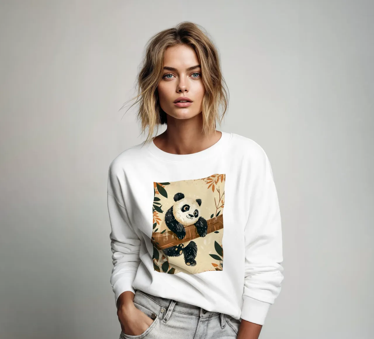 Un simpatico panda pende da un ramo circondato da foglie felpa da DesignDoodle