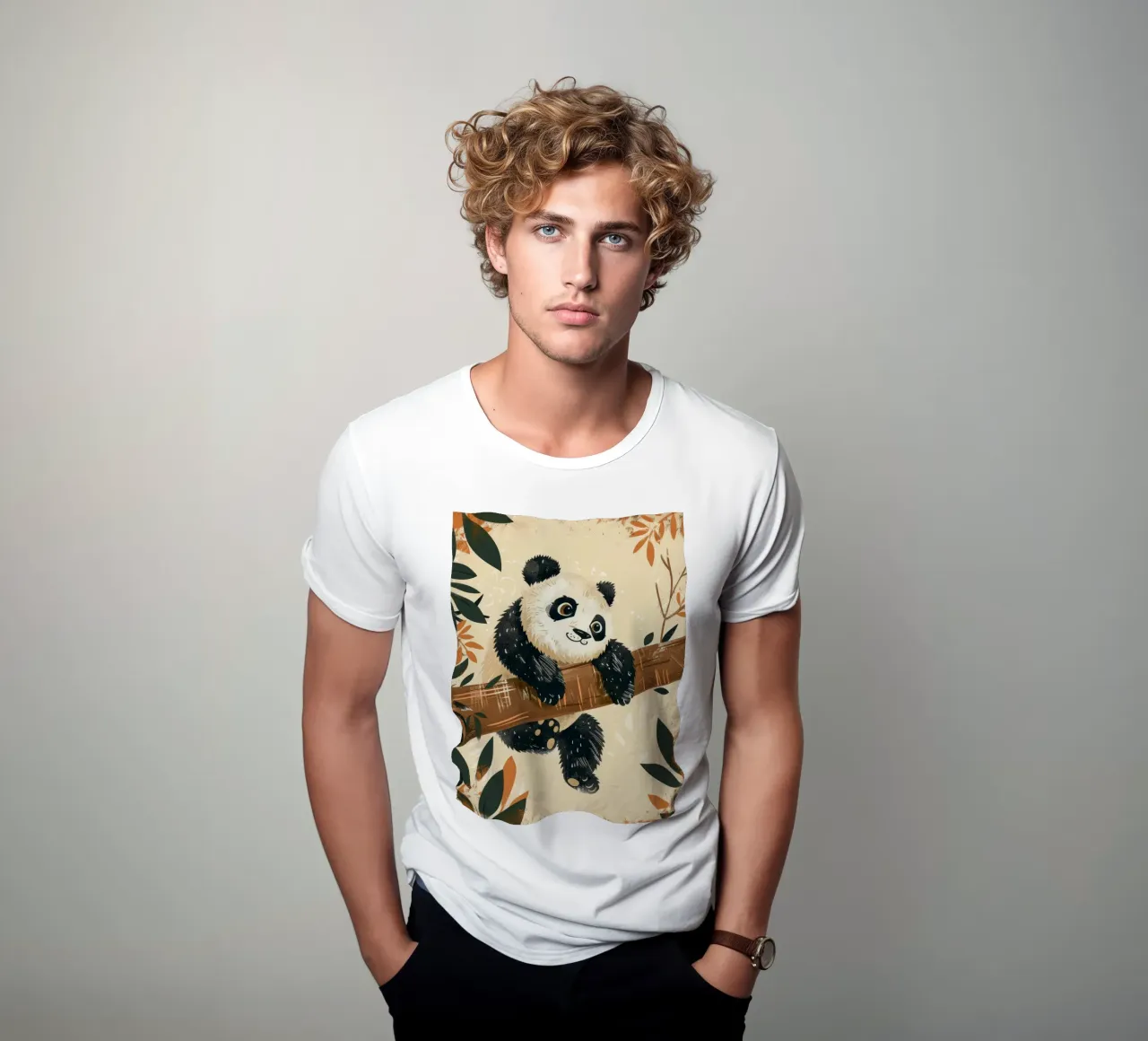 Un simpatico panda pende da un ramo circondato da foglie t-shirt da DesignDoodle