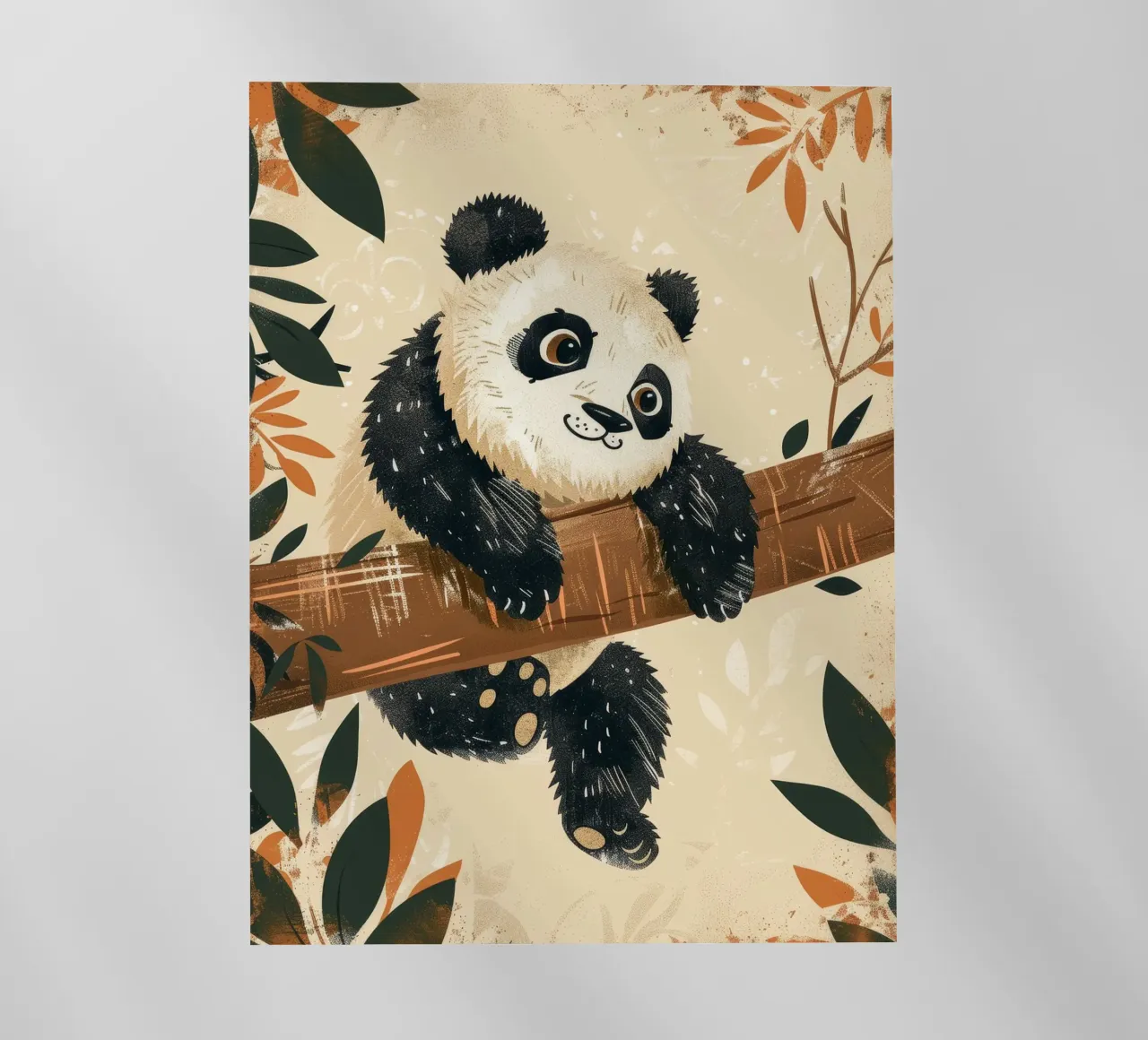 Un simpatico panda pende da un ramo circondato da foglie pellicola backlit da DesignDoodle