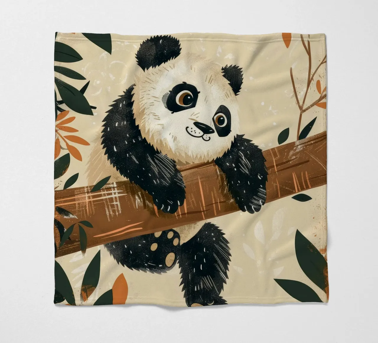 Un simpatico panda pende da un ramo circondato da foglie coperta in pile da DesignDoodle