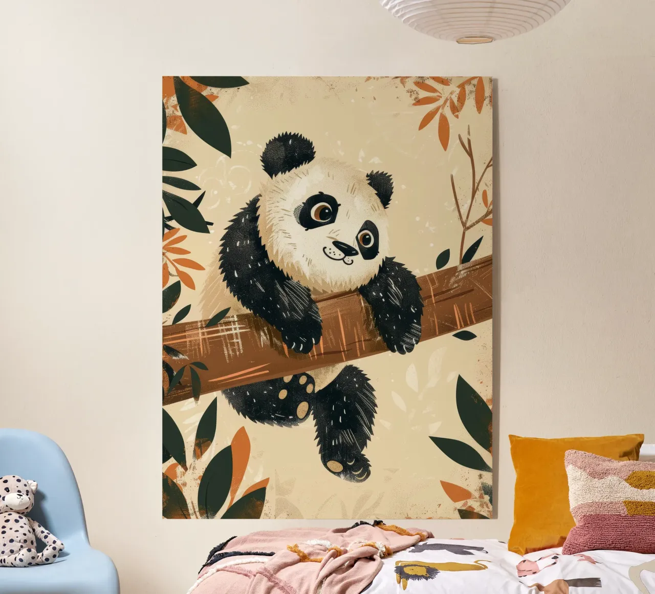 Un simpatico panda pende da un ramo circondato da foglie plexiglass da DesignDoodle