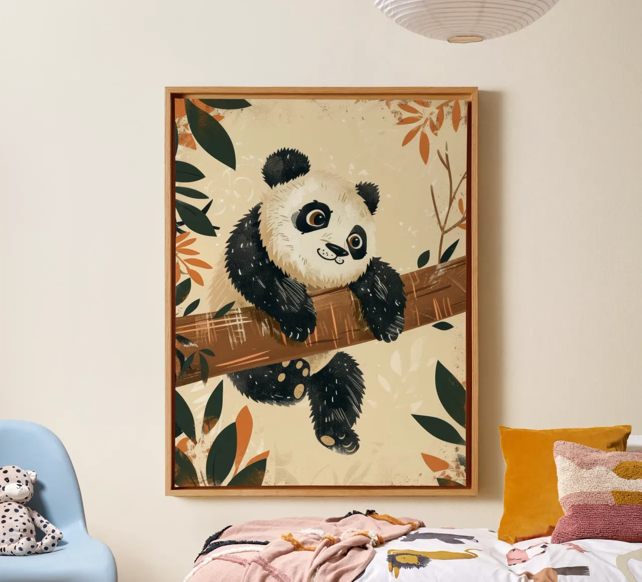 Cute panda hangs from a branch surrounded by leaves canvas by DesignDoodle