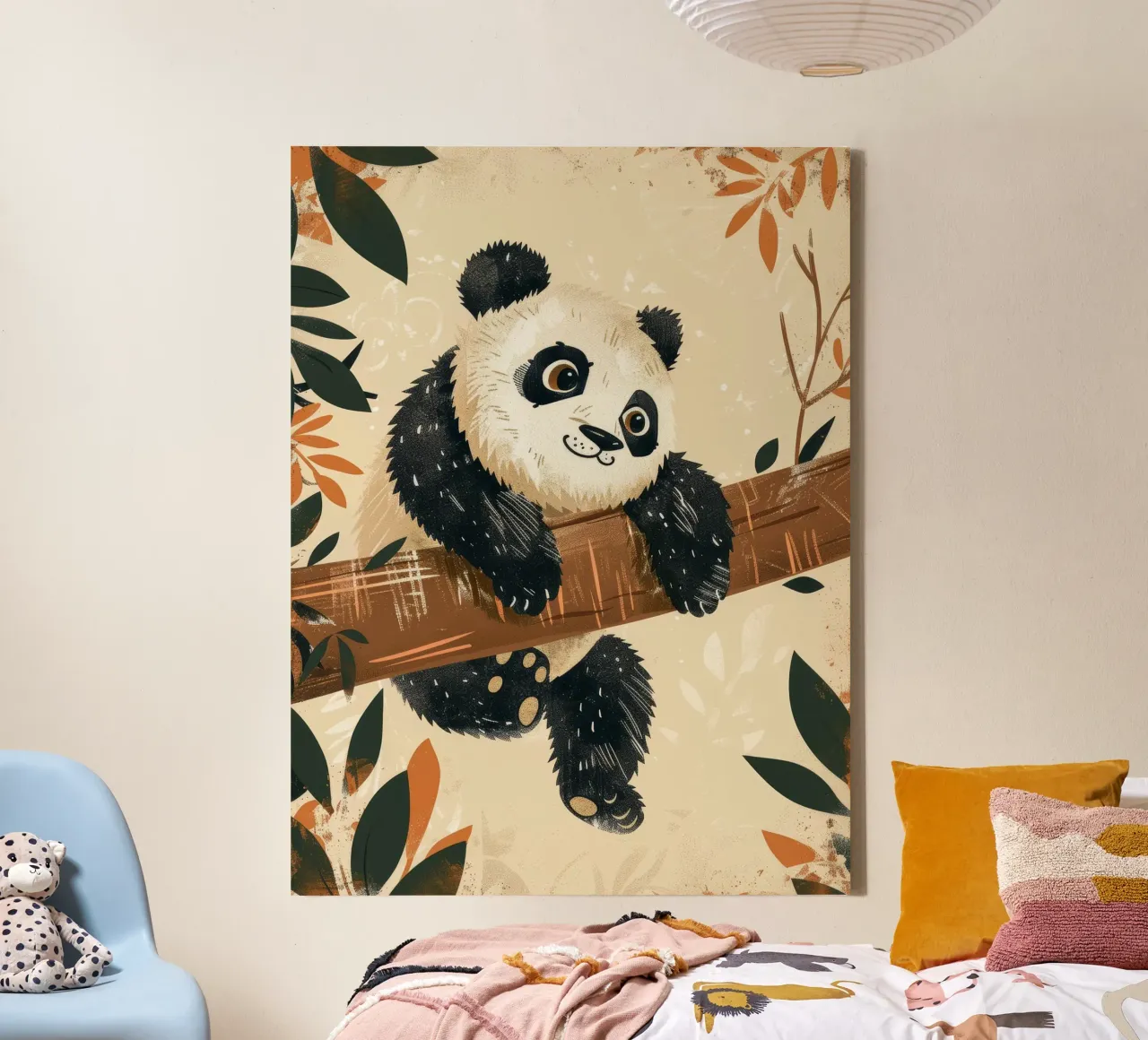 Cute panda hangs from a branch surrounded by leaves canvas by DesignDoodle