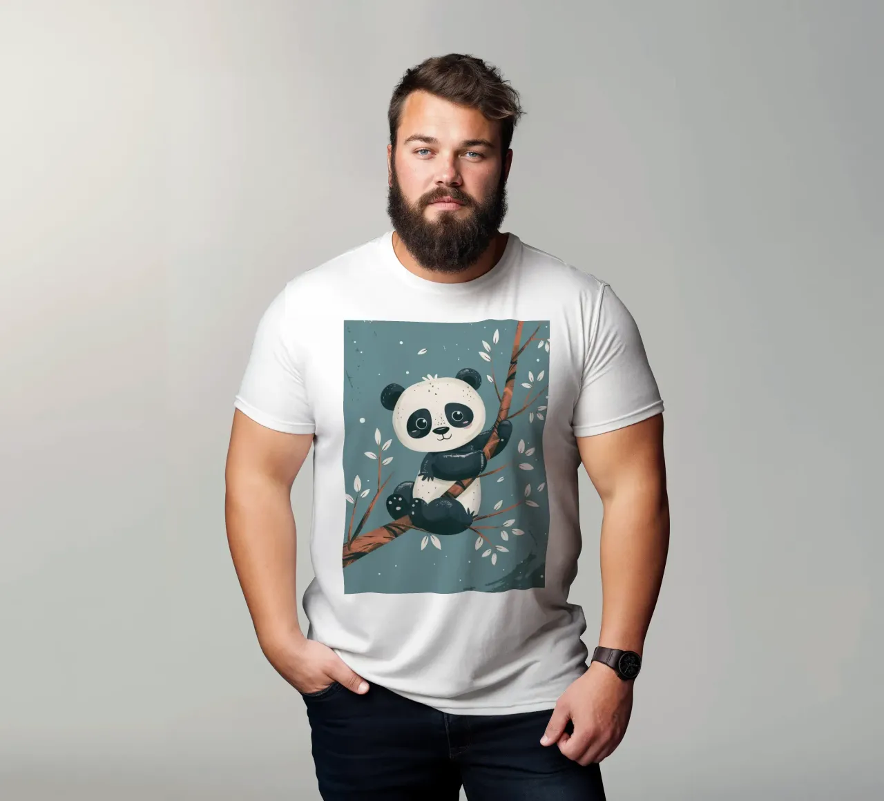 Cute panda sitting on a tree branch surrounded by leaves in t-shirt by DesignDoodle