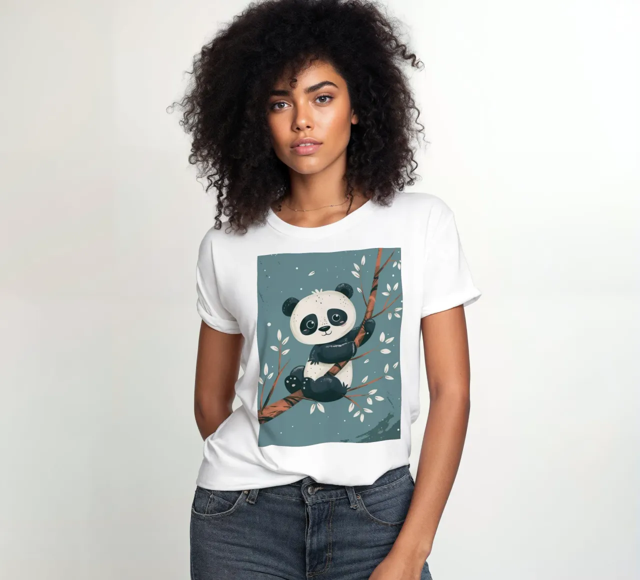 Cute panda sitting on a tree branch surrounded by leaves in women's fitted t-shirt by DesignDoodle