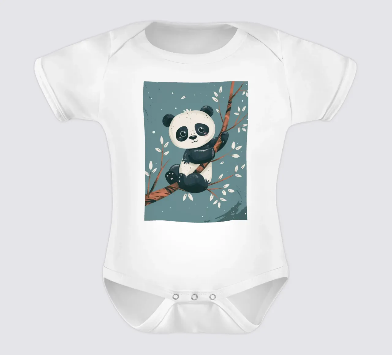 Cute panda sitting on a tree branch surrounded by leaves in short-sleeve baby romper by DesignDoodle