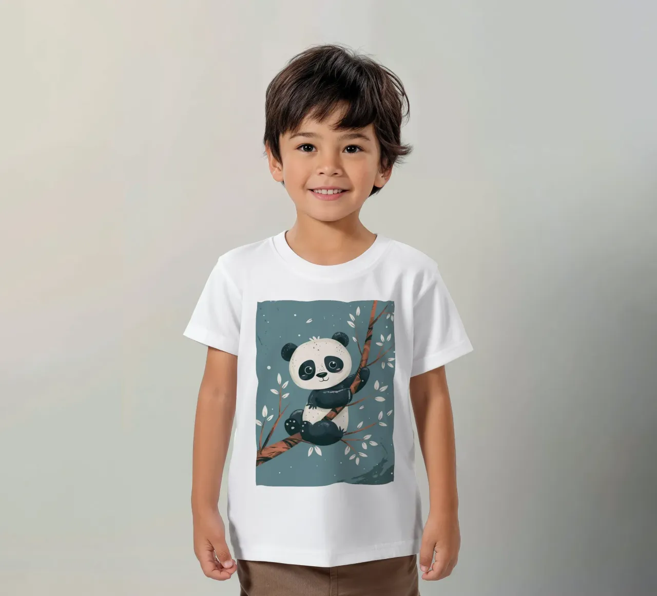 Cute panda sitting on a tree branch surrounded by leaves in kids t-shirt by DesignDoodle