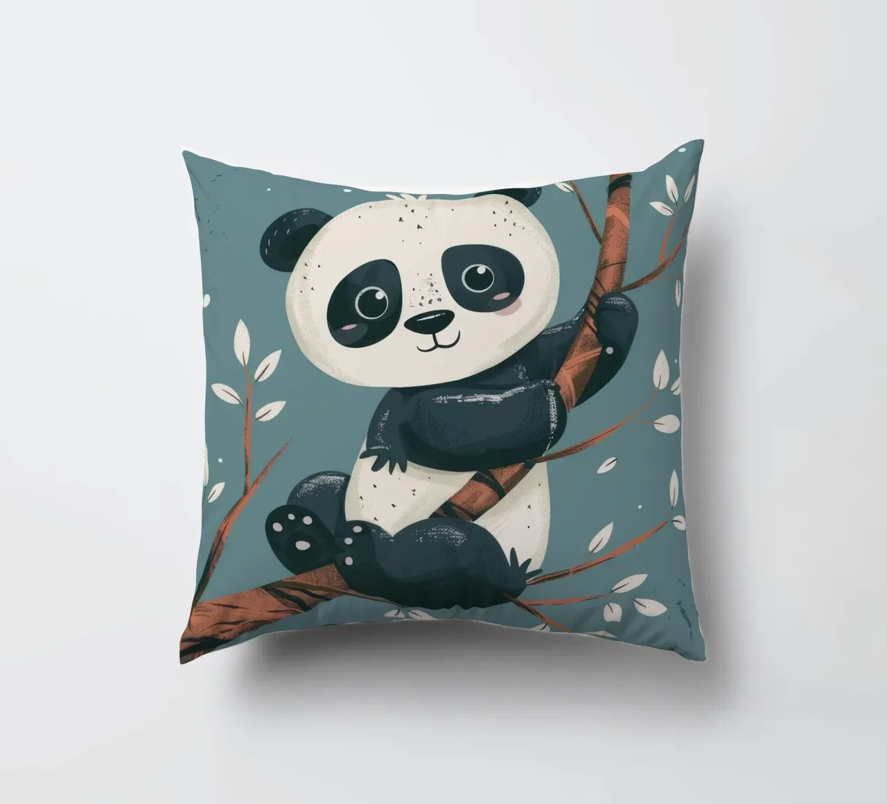 Cute panda sitting on a tree branch surrounded by leaves in decorative cushion by DesignDoodle