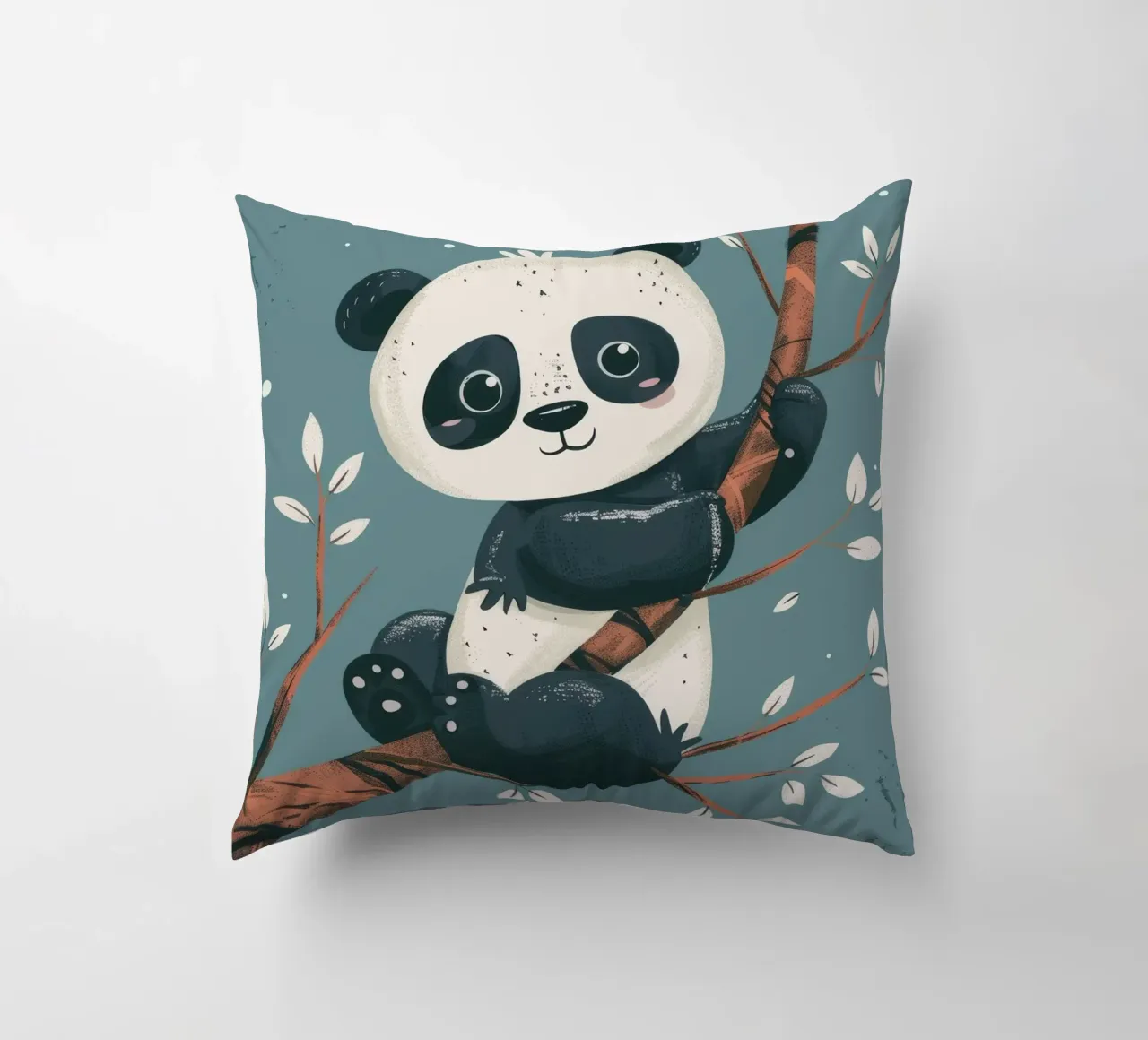 Cute panda sitting on a tree branch surrounded by leaves in decorative cushion by DesignDoodle