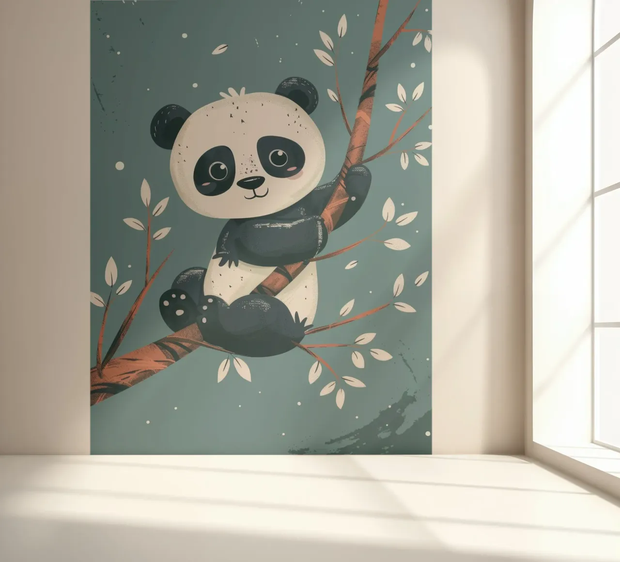 Cute panda sitting on a tree branch surrounded by leaves in photo wallpaper by DesignDoodle