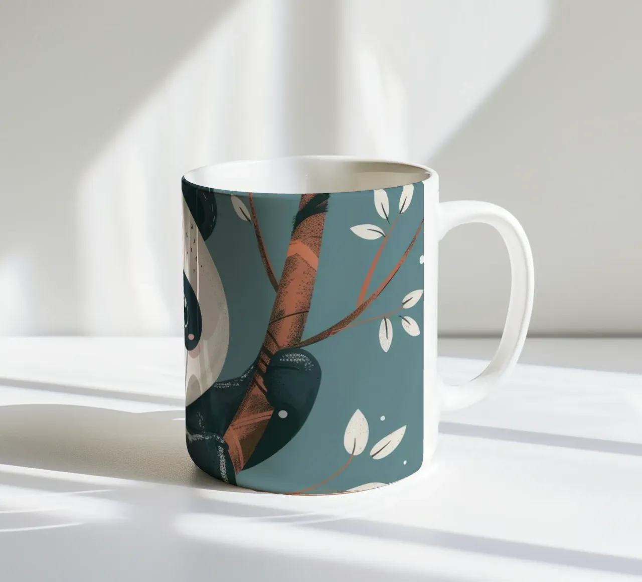 Schattige panda zittend op een boomtak omringd door bladeren in keramische mok van DesignDoodle