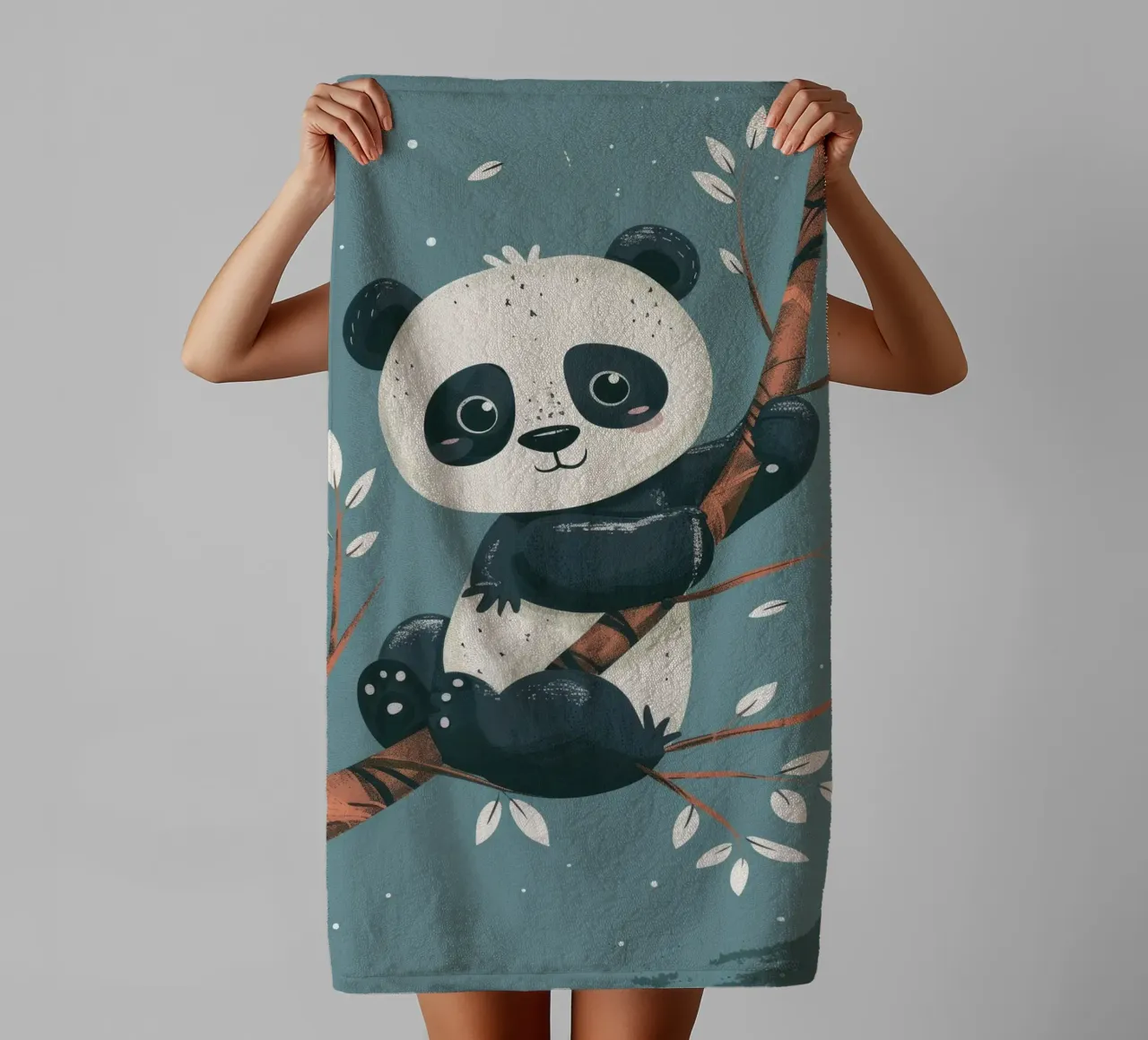 Cute panda sitting on a tree branch surrounded by leaves in towel by DesignDoodle