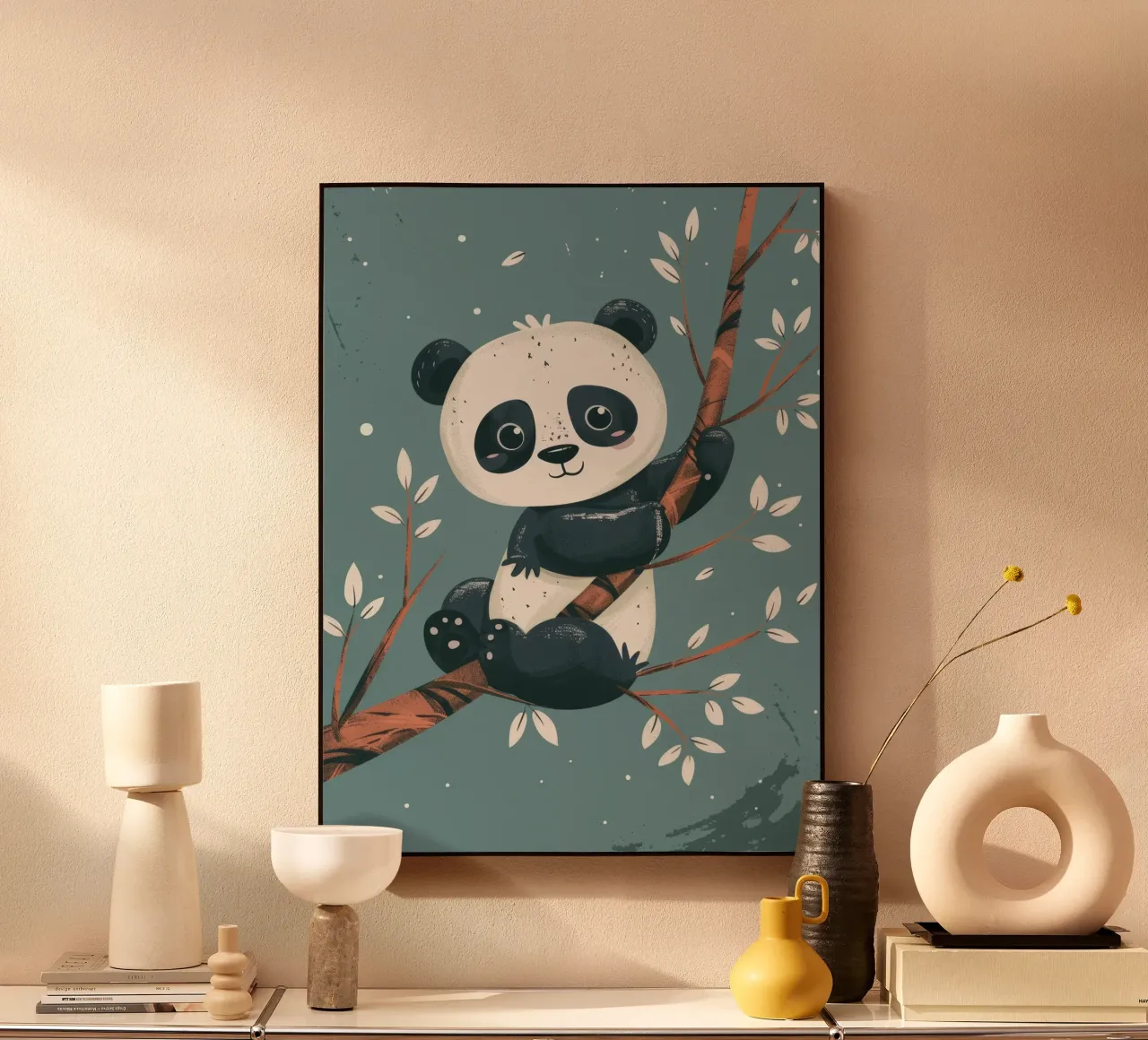 Carino il panda seduto su un ramo d'albero circondato da foglie in alluminio dibond da DesignDoodle