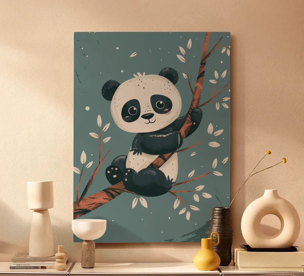 Carino il panda seduto su un ramo d'albero circondato da foglie in alluminio dibond da DesignDoodle