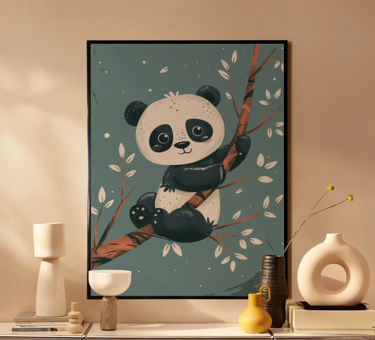 Cute panda sitting on a tree branch surrounded by leaves in hahnemühle by DesignDoodle