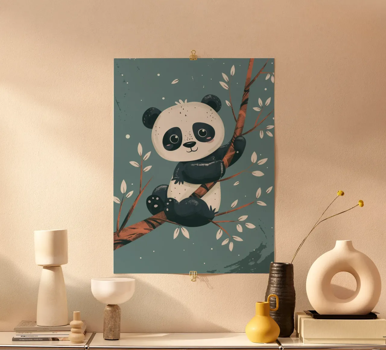 Cute panda sitting on a tree branch surrounded by leaves in hahnemühle by DesignDoodle