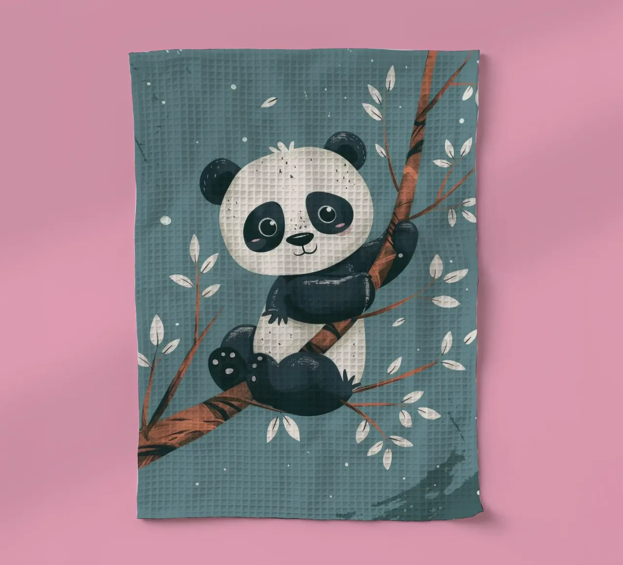 Cute panda sitting on a tree branch surrounded by leaves in tea towel by DesignDoodle