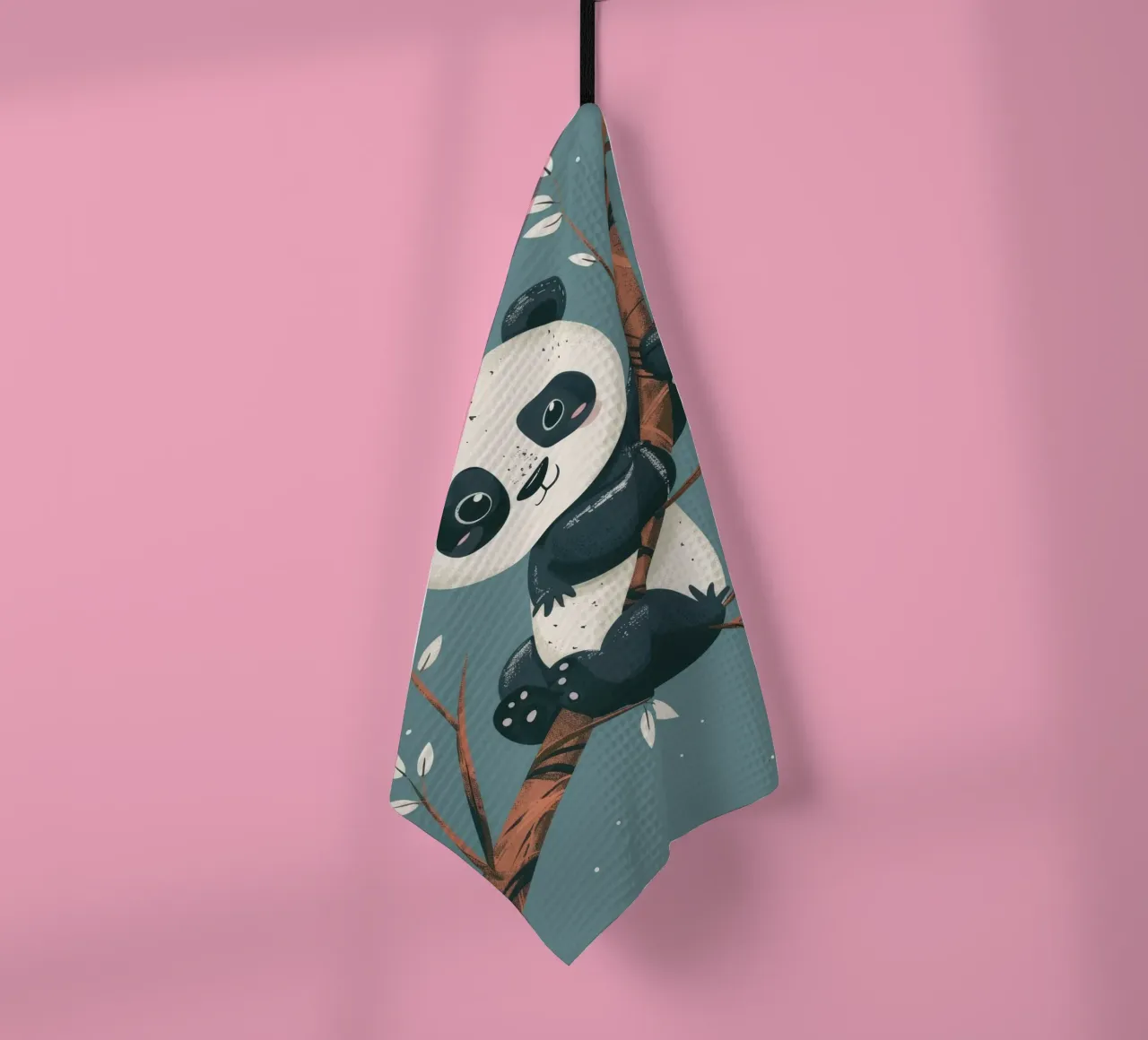 Cute panda sitting on a tree branch surrounded by leaves in tea towel by DesignDoodle