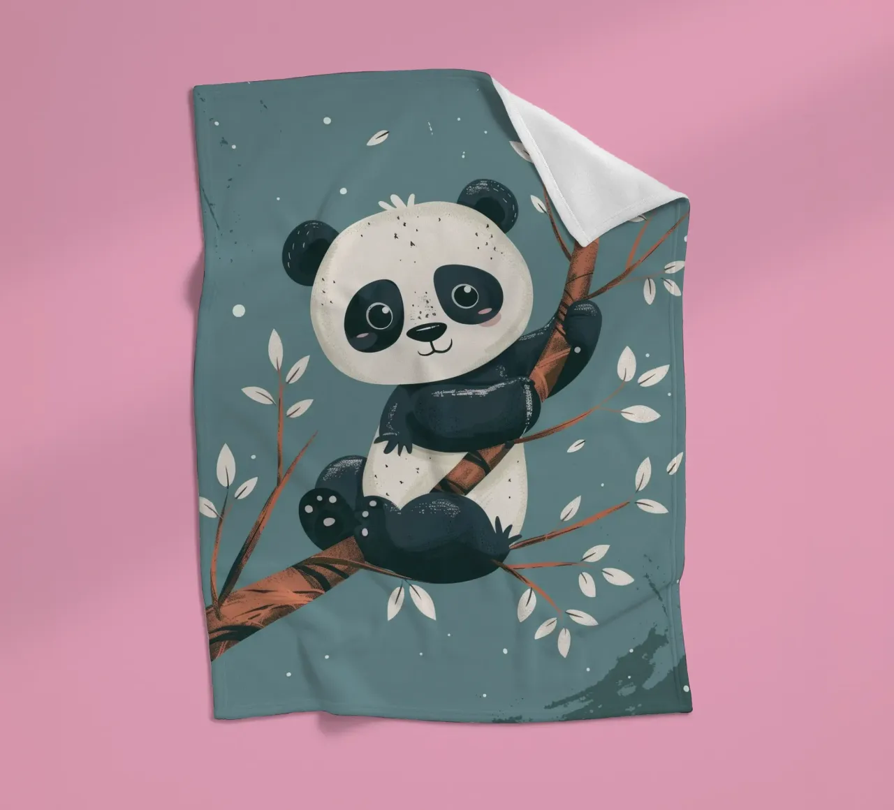 Cute panda sitting on a tree branch surrounded by leaves in fleece blanket by DesignDoodle