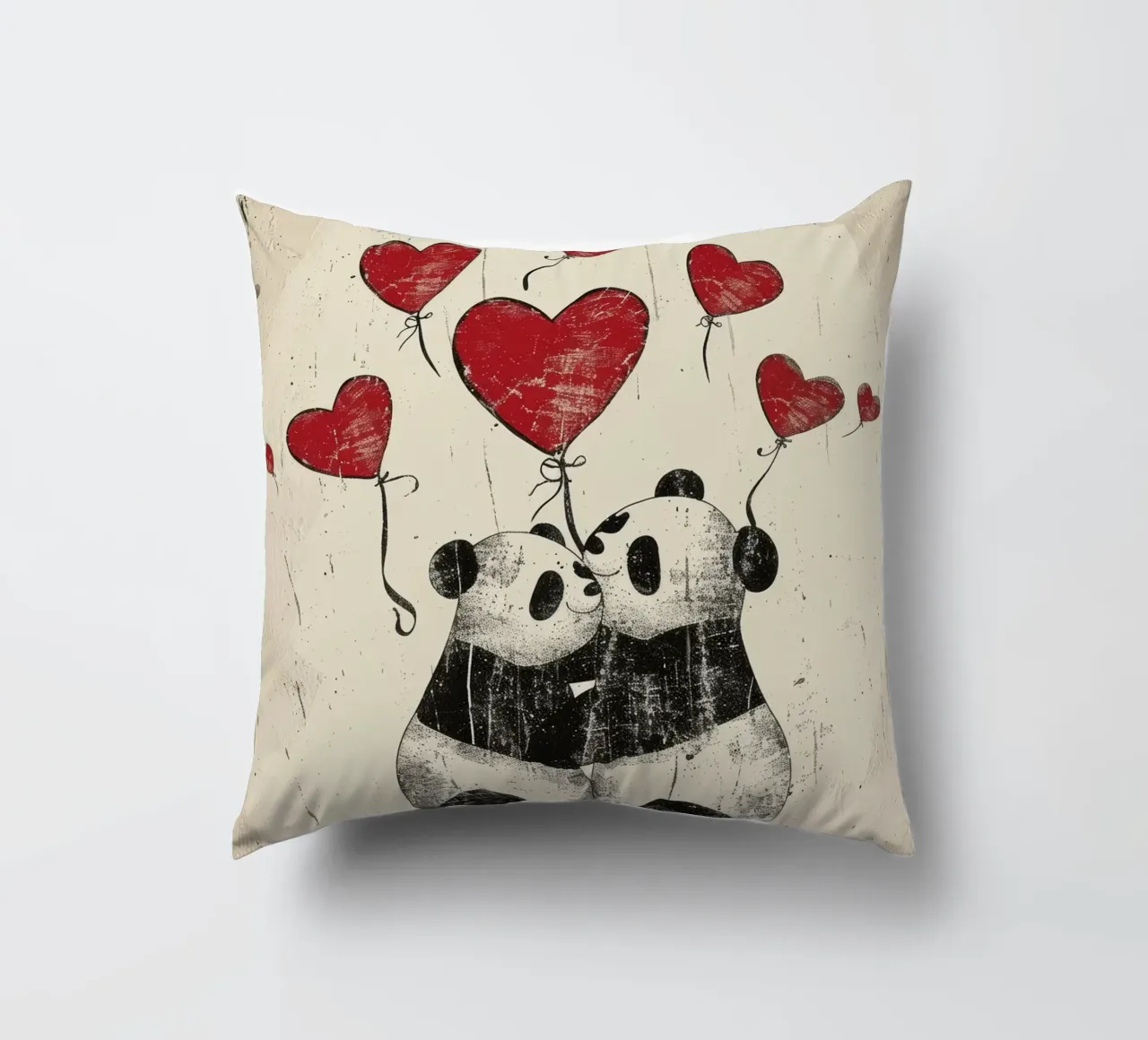 Des pandas échangent de l'affection avec des ballons en forme de cœur coussin de DesignDoodle