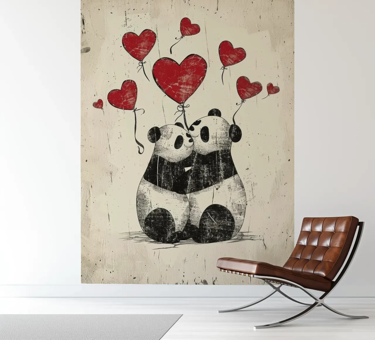 Pandas intercambian afecto con globos en forma de corazón papel para pared de DesignDoodle