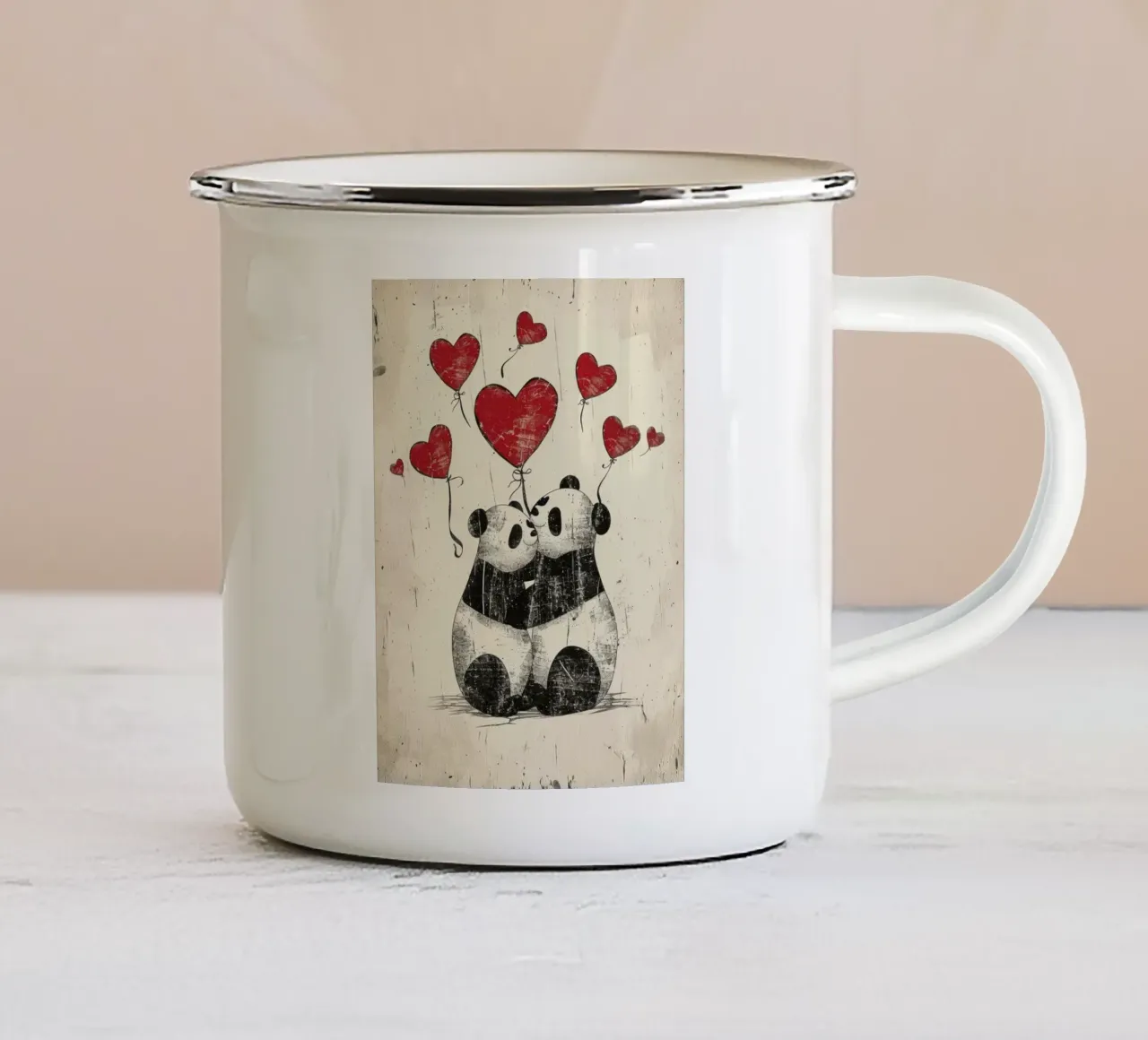 Pandas exchanging affection with heart-shaped balloons enamel mug by DesignDoodle