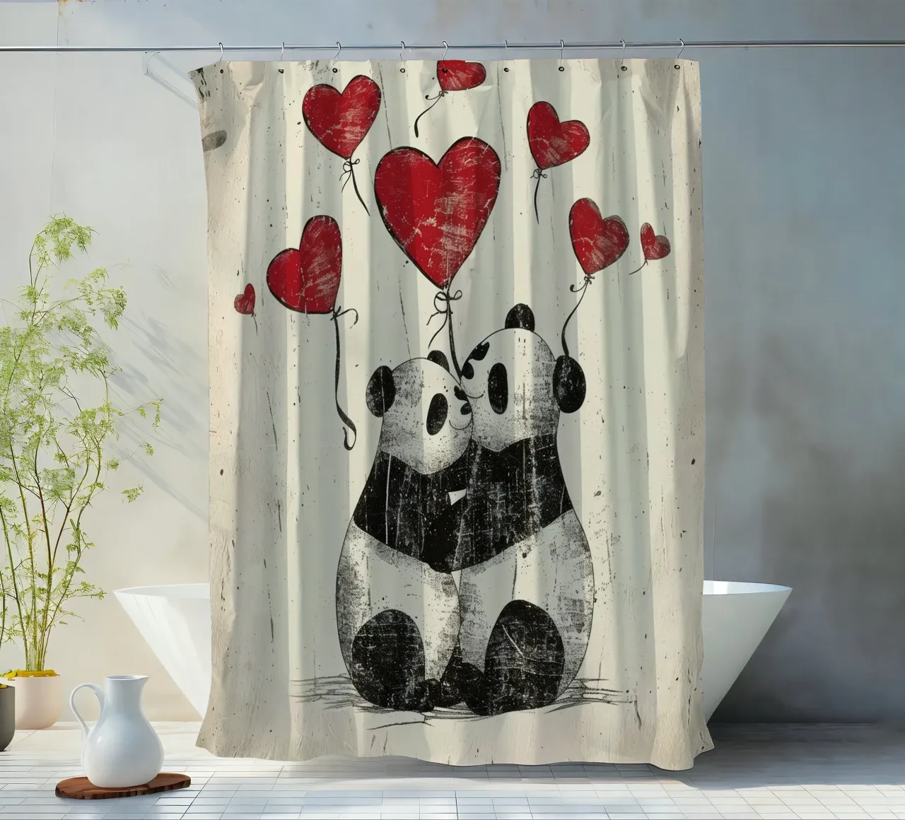 Pandas intercambian afecto con globos en forma de corazón cortina de baño de DesignDoodle