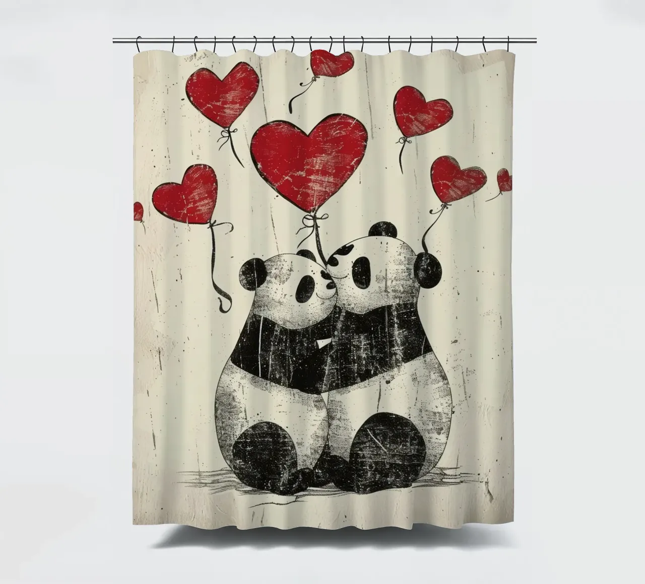 Pandas intercambian afecto con globos en forma de corazón cortina de baño de DesignDoodle