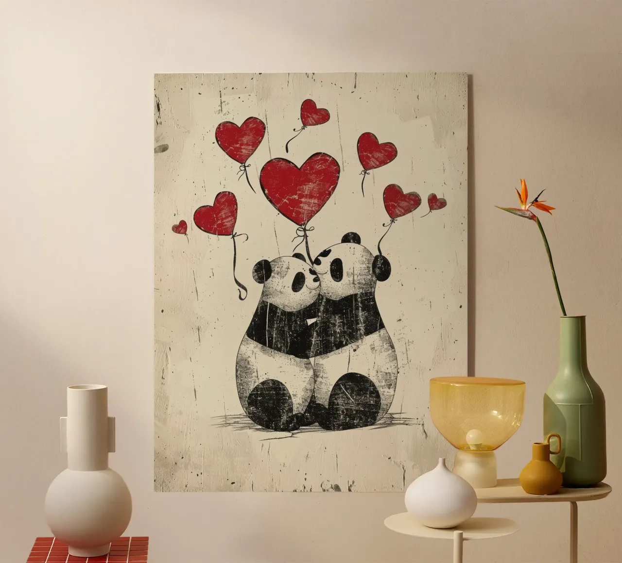 Pandas intercambian afecto con globos en forma de corazón metacrilato de DesignDoodle