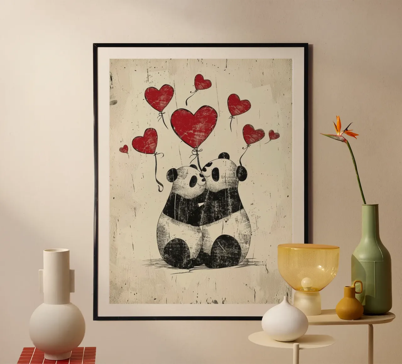 Pandas exchanging affection with heart-shaped balloons hahnemühle by DesignDoodle