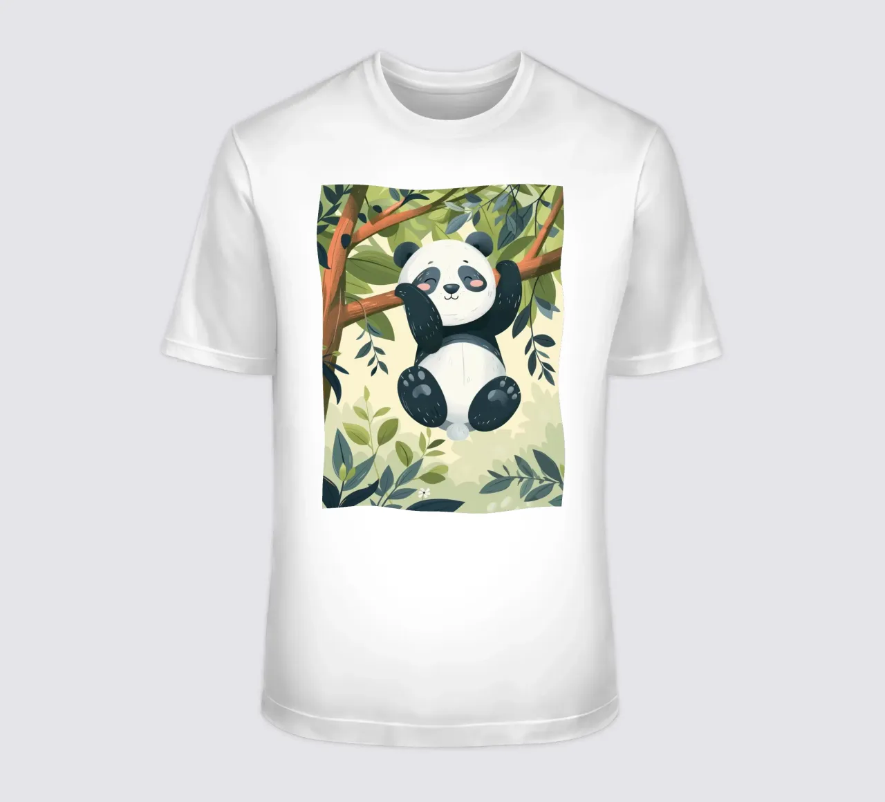 Tenero cucciolo di panda appeso a un ramo d'albero in un ambiente verde e rigoglioso t-shirt da DesignDoodle