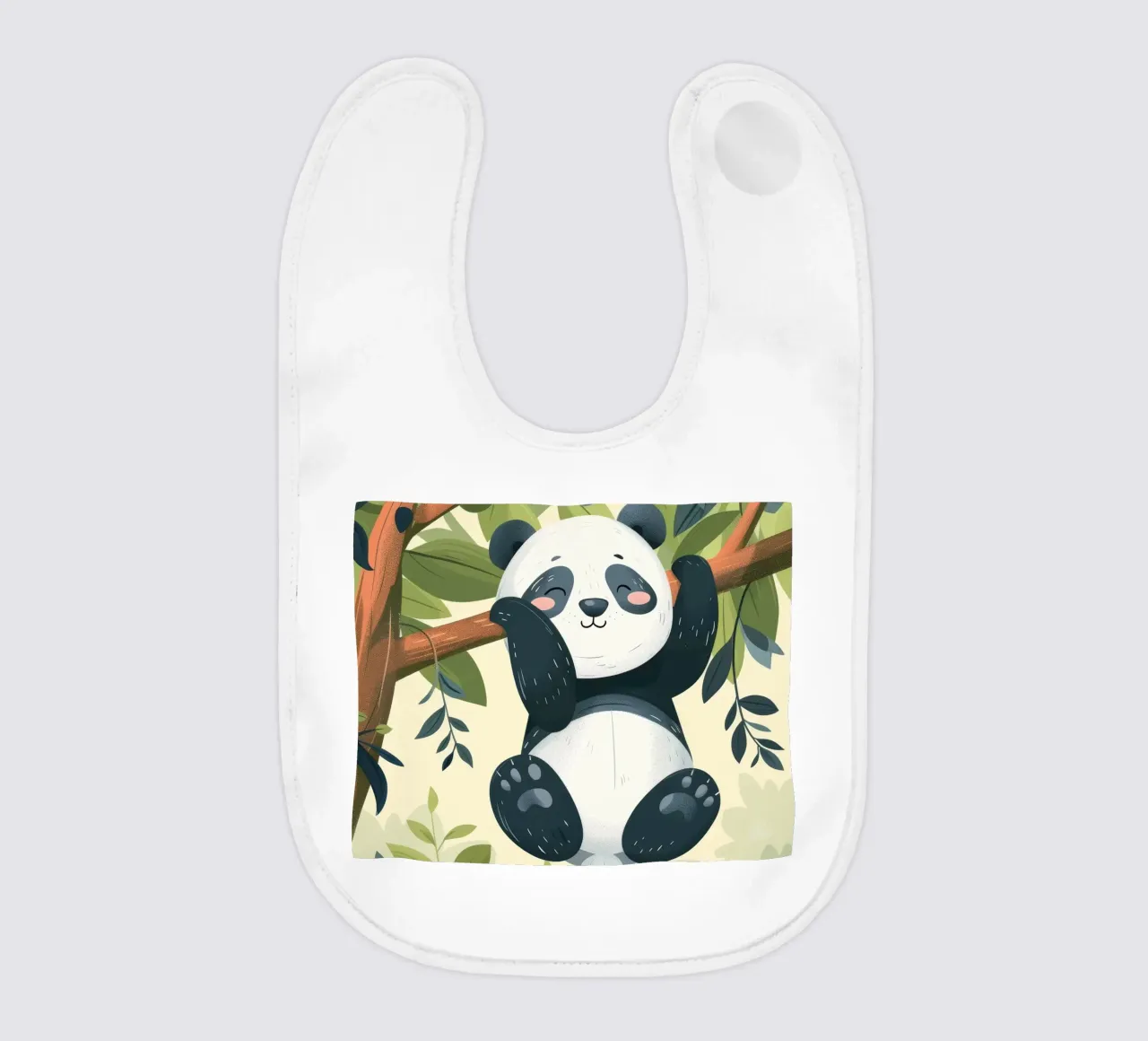 Tenero cucciolo di panda appeso a un ramo d'albero in un ambiente verde e rigoglioso bavaglino da DesignDoodle