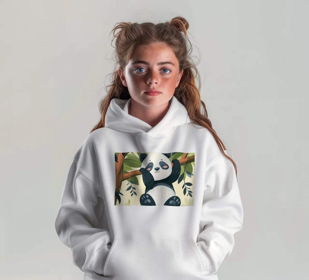 Tenero cucciolo di panda appeso a un ramo d'albero in un ambiente verde e rigoglioso felpa bambino con cappuccio da DesignDoodle