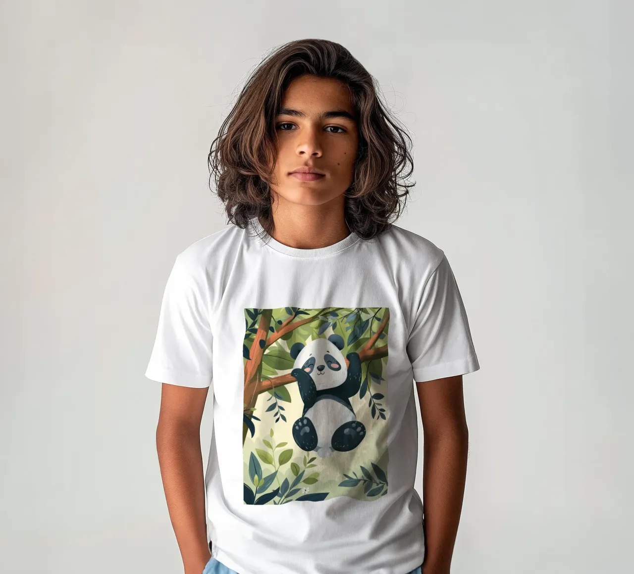 Tenero cucciolo di panda appeso a un ramo d'albero in un ambiente verde e rigoglioso t-shirt bambini da DesignDoodle