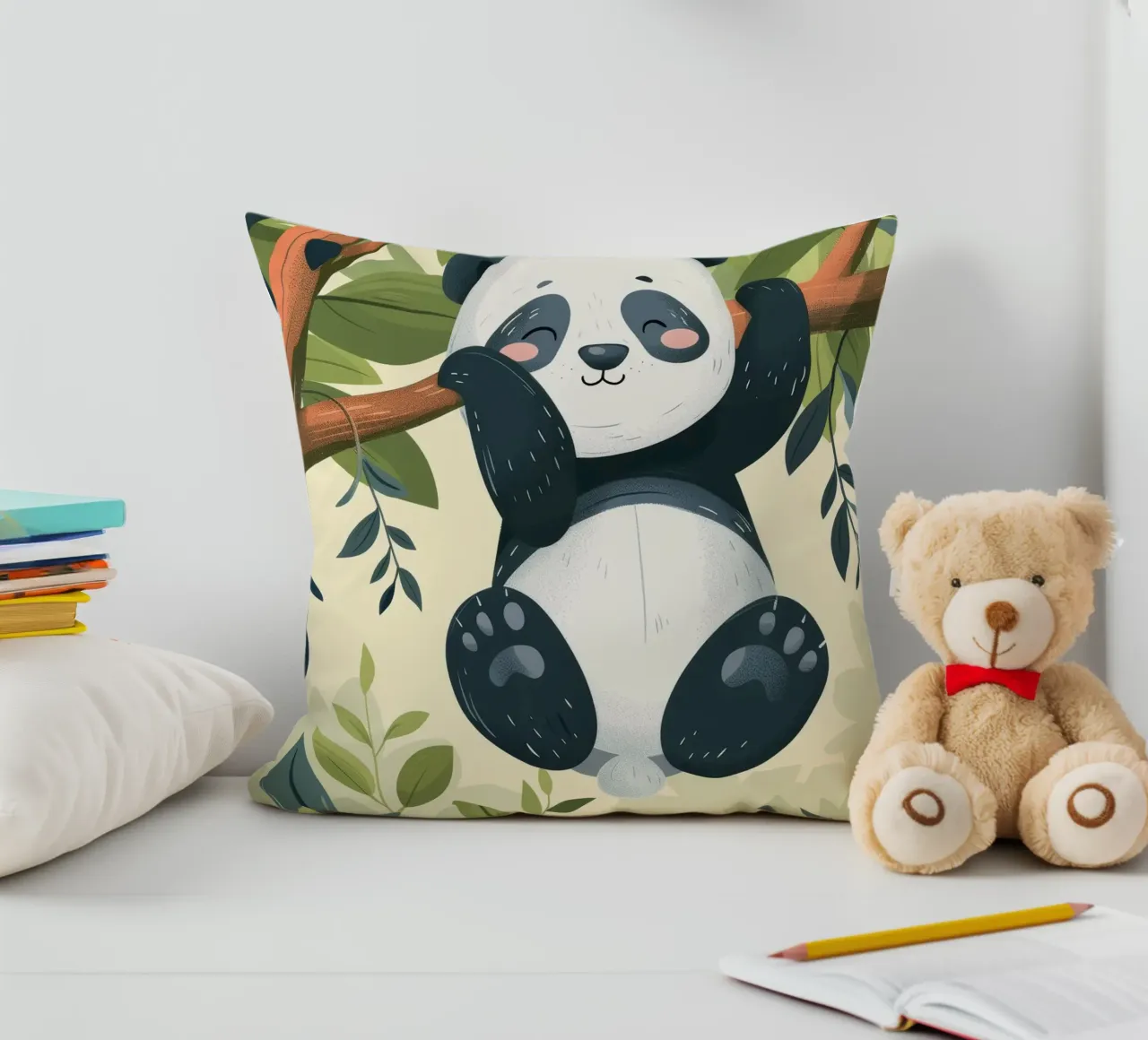 Tenero cucciolo di panda appeso a un ramo d'albero in un ambiente verde e rigoglioso cuscino da DesignDoodle