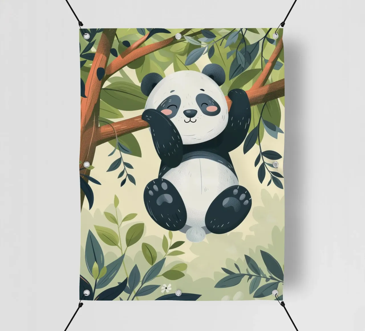 Tenero cucciolo di panda appeso a un ramo d'albero in un ambiente verde e rigoglioso telo in pvc da DesignDoodle