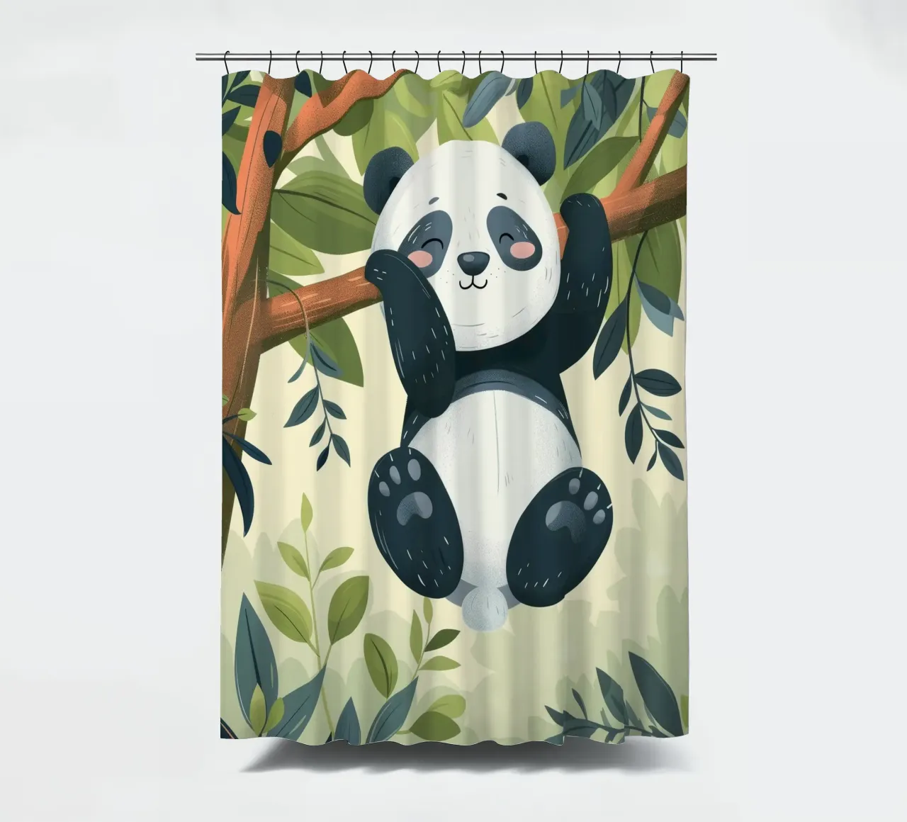 Tenero cucciolo di panda appeso a un ramo d'albero in un ambiente verde e rigoglioso tenda da doccia da DesignDoodle