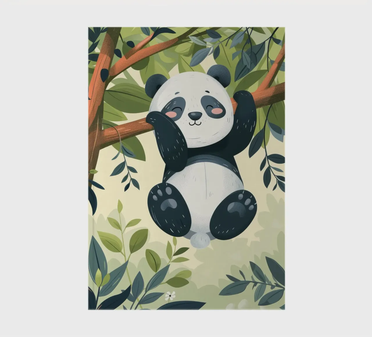 Cute panda cub hanging from a tree branch in a lush green notebook by DesignDoodle