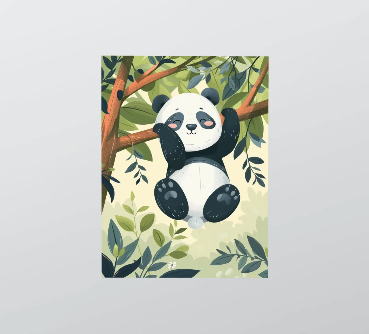 Tenero cucciolo di panda appeso a un ramo d'albero in un ambiente verde e rigoglioso adesivo da DesignDoodle