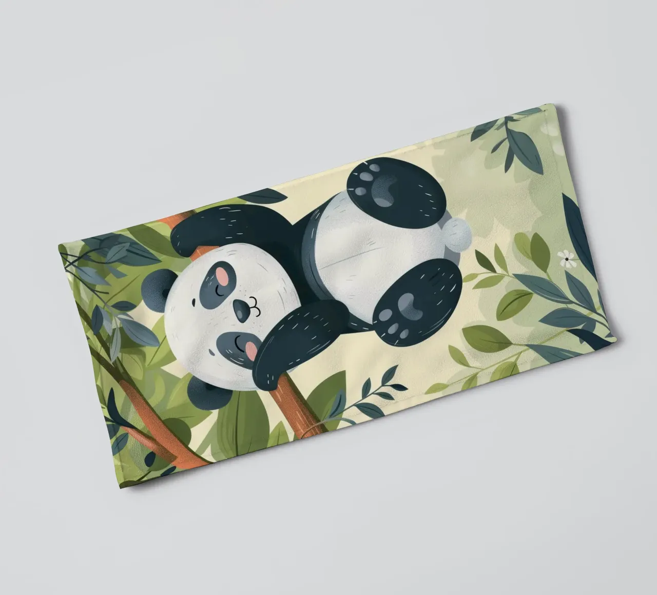 Cute panda cub hanging from a tree branch in a lush green towel by DesignDoodle