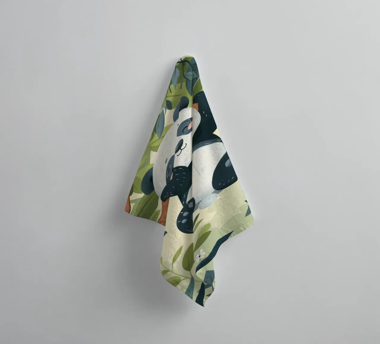 Cute panda cub hanging from a tree branch in a lush green towel by DesignDoodle