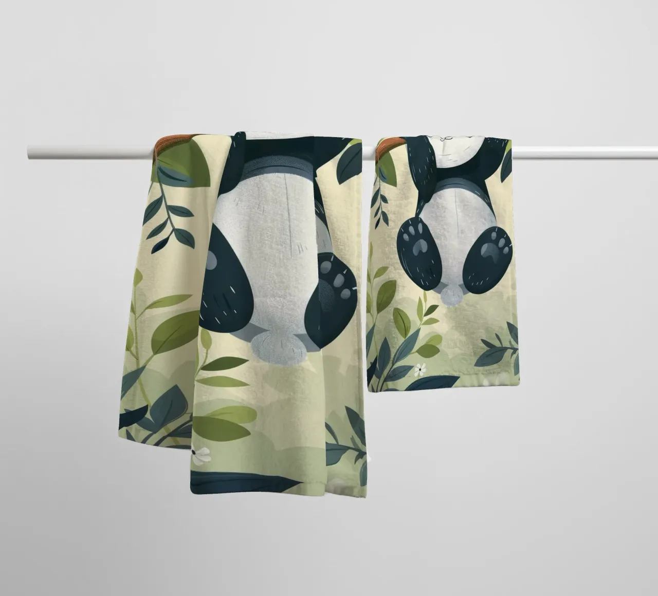 Cute panda cub hanging from a tree branch in a lush green towel by DesignDoodle