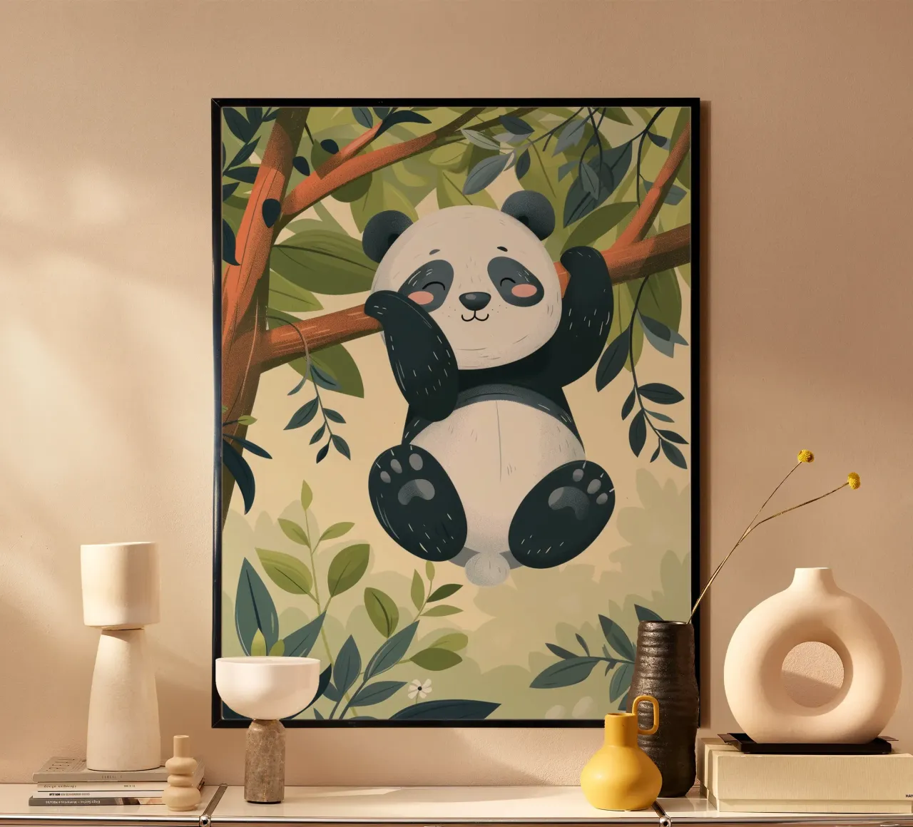 Tenero cucciolo di panda appeso a un ramo d'albero in un ambiente verde e rigoglioso carta hahnemühle da DesignDoodle